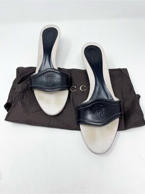 Vintage Gucci Hysteria Black Leather & White Canvas Slide Mule Sandals size 9